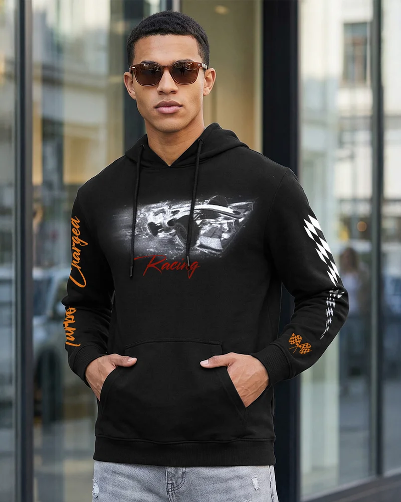 bewakoof Men's Jet Black Turbo  Graphic Printed Hoodies